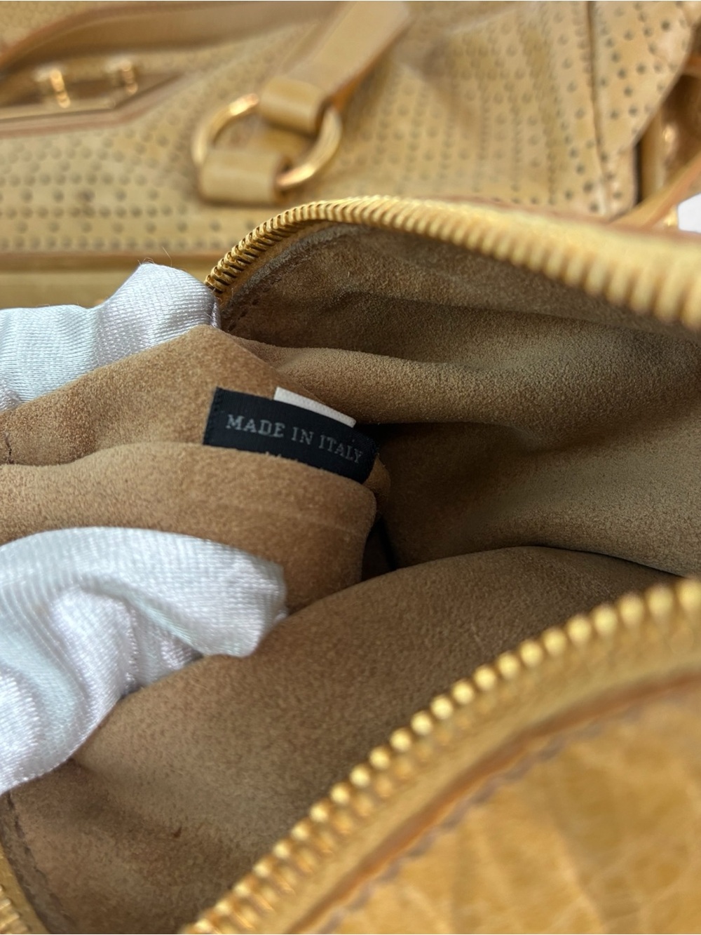 Miu Miu Perforated Gold-Tan Leather Satchel - Picture 11 of 12
